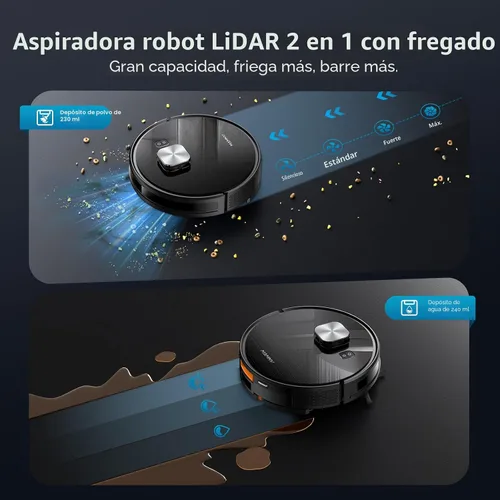 Vista 4 de Robot aspiradora y trapeador, succión de 11500 Pa, aspiradora robótica 3 en 1 con navegación inteligente LiDAR, 90 días de autovaciado, 160 minutos