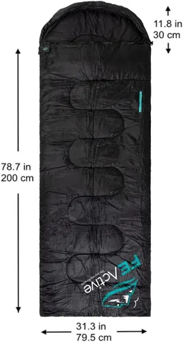 Vista 2 de FE Active Saco de dormir para acampada – 3-4 estaciones extra largo o ligero con capucha, cálido al aire libre, compacto y ligero, saco de dormir