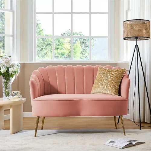 Vista 34 de HULALA HOME Silla decorativa moderna de terciopelo con respaldo en forma de concha, bonito sillón para sala de estar, dormitorio con patas doradas