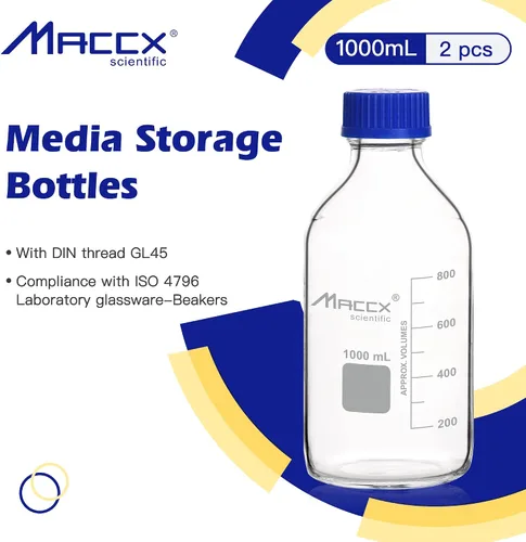 Vista 2 de Botellas redondas de vidrio de 34 onzas (33.8 fl oz), botella de vidrio de borosilicato resistente con tapa de rosca GL45, paquete de 2