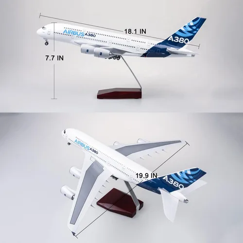 Vista 3 de Modelo de avión Airbus A380 de 18.1 pulgadas, modelo a escala 1:160, fundido a presión con ruedas, iluminación LED activada por voz, adultos
