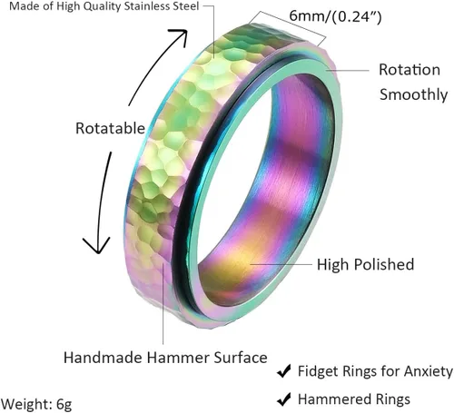 Vista 2 de Nanafast Anillos de ansiedad de acero de titanio de 0.236 in0.315 in para mujeres y hombres, anillos martillados de moda, anillos geniales