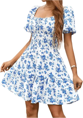 Vista 5 de Floerns Vestido bohemio de manga corta abombada con cuello cuadrado y lazo frontal para mujer