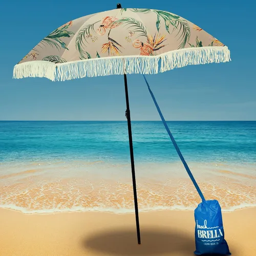 Vista 7 de Sombrilla de playa para arena, resistente al viento, con bolsa de anclaje de arena, portátil, flecos, bolsa de mezclilla, cuenta con parte inferior