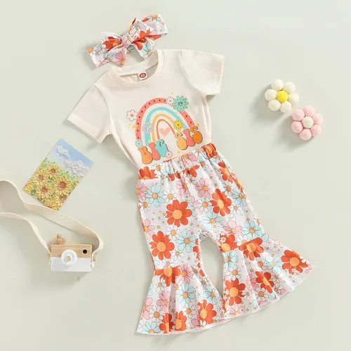 Vista 6 de Muasaaluxi Trajes a juego para hermana mayor y hermana pequeña de manga corta y camisas, pantalones de campana de flores, diadema, ropa bohemia