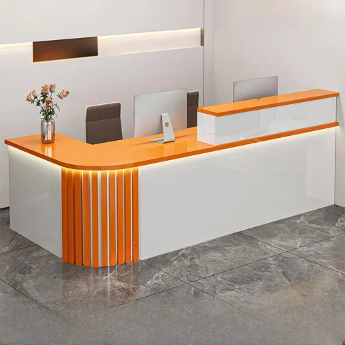 Vista 14 de LITFAD Recepción de computadora en forma de L - Escritorio de recepción de madera fabricada con gabinete, gestión de cables y bandeja para teclado