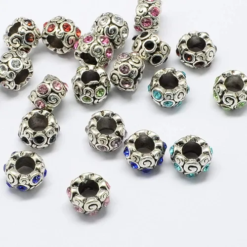 Vista 9 de Beadthoven 50 unidades de 0.354 x 0.394 in de aleación de metal espaciadores estilo tibetano flor chapado en plata antigua con diamantes