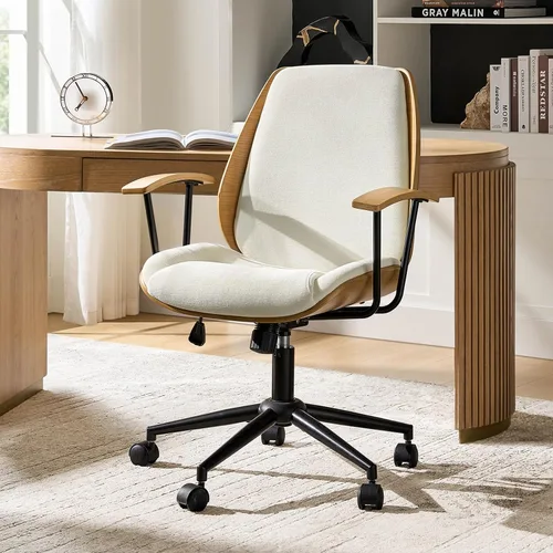 Vista 11 de HULALA HOME Silla de oficina de madera maciza con función mecedora, cómoda silla de escritorio de tela con base de madera doblada y metal, silla