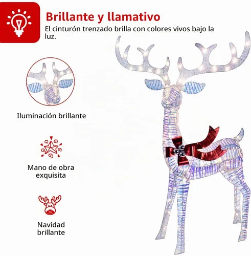 Vista 4 de Decoraciones navideñas para exteriores, familia de renos, decoración navideña iluminada, ciervos iridiscentes, 3 piezas con luces LED, cable