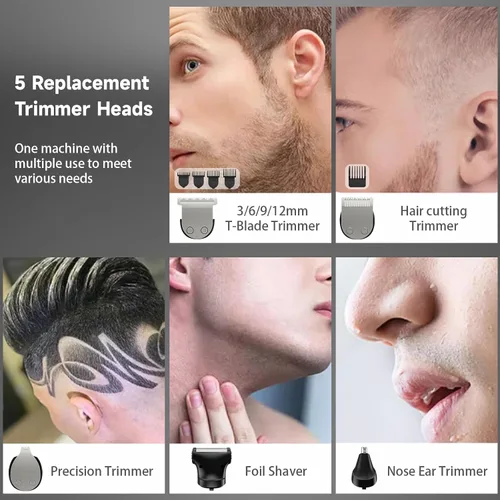 Vista 6 de Cortadora de barba para hombres, cortapelos para hombres, kit de afeitado 5 en 1 para cara, bigote, cuerpo, oído, nariz, cortapelos de peluquería