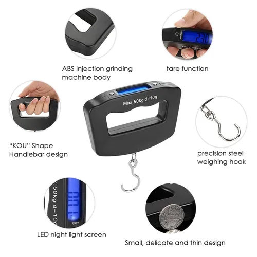Vista 7 de Mini báscula digital portátil para colgar, báscula electrónica de gancho para pescado, peso de 110 libras, báscula colgante portátil digital