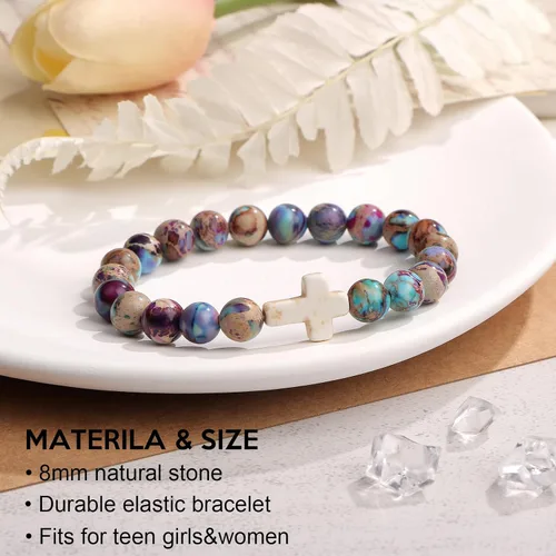 Vista 5 de JoycuFF Christian Gifts,Cross Braceletfor WomenGirls, Faith Easter Catholic Religious Christian Jewelry, Meaningful Baptism Communion Natural Beads