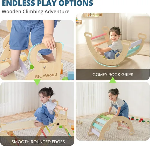 Vista 4 de BlueWood Pikler - Juego de triángulos de madera para niños pequeños, escalador plegable 7 en 1 para interiores para niños, juego de filosofía