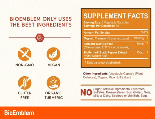 Vista 2 de BioEmblem Curcumina de cúrcuma con cúrcuma clínicamente estudiada TurmiPure Suplemento de curcumina de cúrcuma con BioPerine