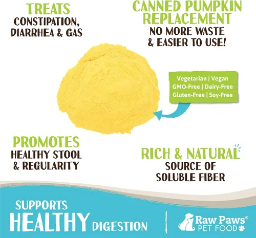 Vista 4 de Raw Paws Polvo de calabaza orgánico para perros y gatos (4 onzas) - Fabricado en Estados Unidos - Fibra para gatos - Taburete saludable - Alivio