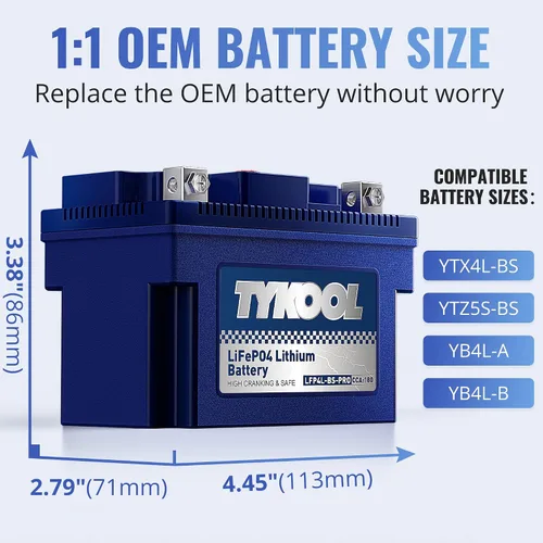 Vista 2 de TYKOOL YTX4L-BS-Pro Batería de litio de alto rendimiento para motocicleta, 180CCA 12.8V 3Ah LiFePO4, batería para deportes de motor, con BMS