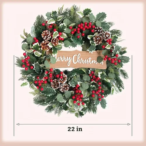 Vista 3 de idyllic Corona de Navidad-22 Coronas de Decoración de Navidad para Puerta Delantera Corona de Invierno Primavera con Agujas de Pino Eucalipto Hojas