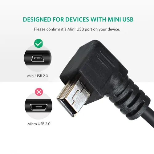Vista 2 de Cable de datos mini USB de 10 pulgadas, 90 grados, USB en ángulo recto, niquelado, corto USB 2.0 -A-Macho-4Pin a ángulo recto Mini-B-5Pin para Mini