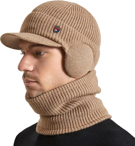 Vista 6 de Muryobao Gorro de invierno para hombre, con visera de punto, con forro polar y calentador de cuello