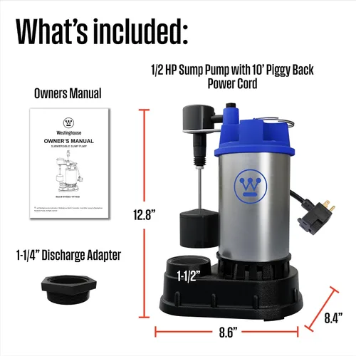 Vista 7 de Westinghouse Bomba sumergible de sumidero 1/2 HP – Bomba de sumidero de sótano de hierro fundido resistente y acero inoxidable con interruptor