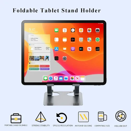 Vista 2 de Sokelinn-six Soporte para tablet de aluminio, soporte de doble varilla ajustable plegable para tablet para escritorio, compatible con teléfono