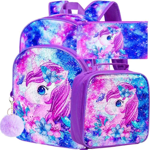 Vista 10 de KLFVB 3 mochilas de sirena de unicornio para niñas, bolsa de libros y lonchera de lentejuelas de 16 pulgadas, mochilas preescolares para primaria
