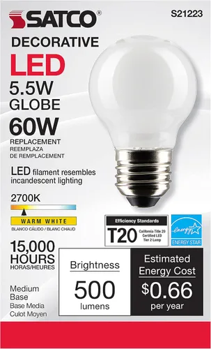 Vista 3 de Satco Bombilla LED E26 de 5.5 W, 2700 K, clasificación de 15000 horas, regulable blanco