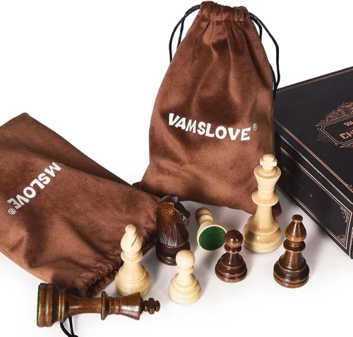 Vista 5 de Vamslove Piezas de Ajedrez de Madera Pesadas Solamente - Rey de 3.8'' - 2 Reinas Extra - 34 Piezas de Ajedrez de Madera de Torneo para Juego