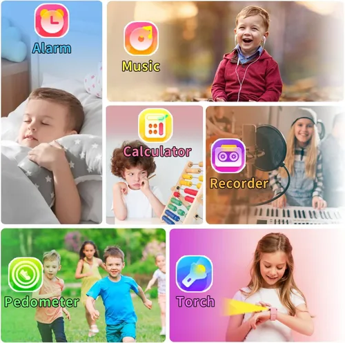 Vista 4 de Tixpc Reloj inteligente para niños y niñas con video, cámara, reproductor de música, 39 juegos, podómetro, reloj despertador, calculadora, antorcha