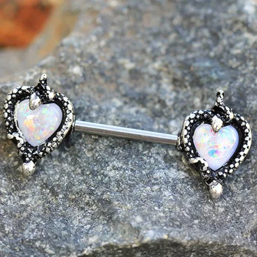 Vista 2 de Pierced Owl 14GA 316L Acero Inoxidable Sintético Opal Corazón y Serpiente Pezón Barbells, Vendido por Par, Metal, No es una piedra preciosa