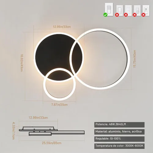 Vista 5 de O'NEELDY Moderna lámpara de techo LED regulable de montaje empotrado con control remoto de anillo de acrílico, 48W 3000K-6000K ajustable, lámpara
