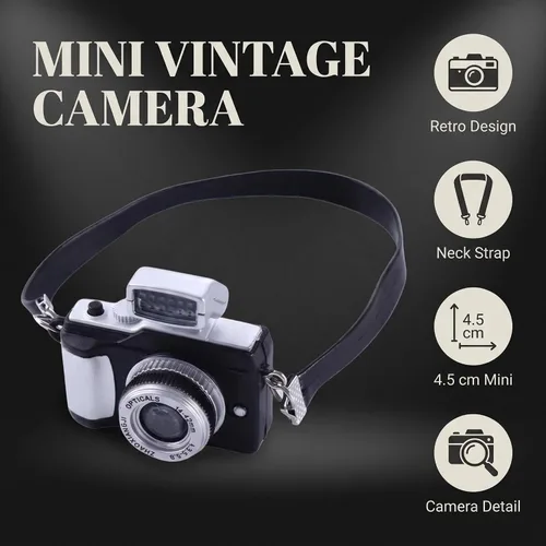 Vista 3 de Mini cámara negra para muñecas, cámara digital réflex digital en miniatura, estilo vintage, plástico, escala 1:12, tema retro, accesorio para casa