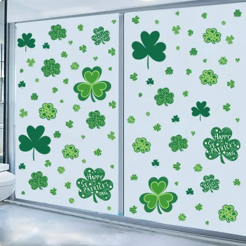 Vista 5 de CAVLA Decoración de trébol para ventana del día de San Patricio, 8 hojas de trébol grande del día de San Patricio, calcomanías estáticas