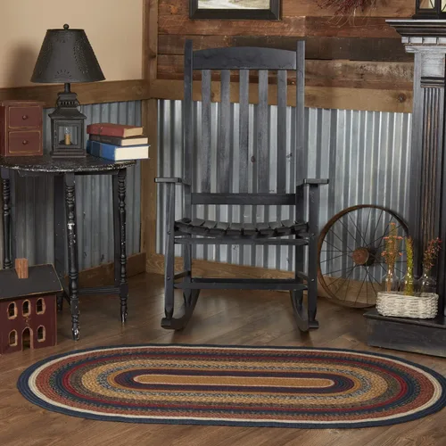Vista 6 de VHC Brands Stratton Primitive - Alfombra decorativa de yute azul y rojo a rayas para entrada, cocina, baño, decoración rústica, medio círculo, 16.5