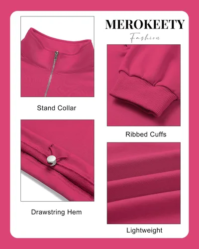 Vista 5 de MEROKEETY Sudadera corta con cremallera de un cuarto para mujer, manga larga, cuello alto, con cordón