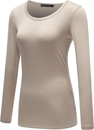 Vista 2 de OThread & Co. Camiseta de manga larga con cuello redondo para mujer, capa básica, de elastano