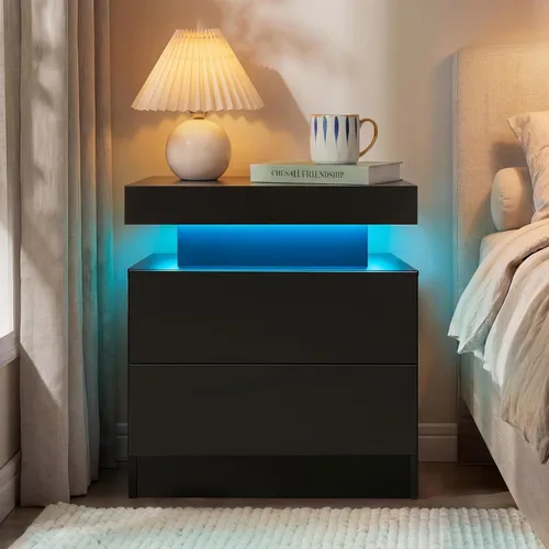 Vista 3 de Generic Juego de 2 Mesitas de noche con 2 cajones, mesa de noche con cajones para muebles de dormitorio, mesa auxiliar con luz LED, color negro