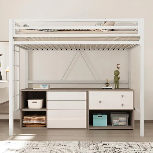 Vista 8 de Allewie Cama alta de metal tamaño individual con barandilla y escalera, diseño pequeño que ahorra espacio para dormitorio, habitación de niños