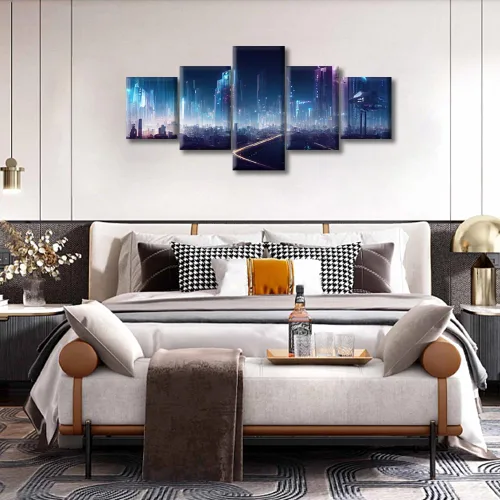 Vista 336 de Cuadros de 5 paneles de Cyberpunk City, arte de pared, representación de vallas publicitarias, edificios modernos en la capital con obras de arte