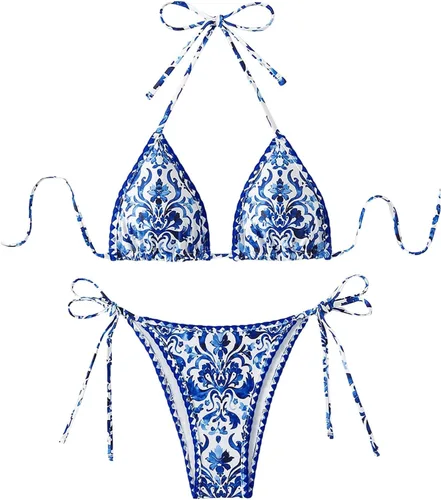 Vista 17 de WDIRARA Traje de baño de dos piezas para mujer estilo boho con estampado floral, conjunto de bikini halter con tiras en forma de triángulo