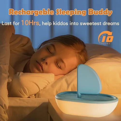 Vista 4 de Bonita luz nocturna de velero musical, lámpara de dormir de silicona suave, luz de noche recargable por USB para decoración de habitación, regalo