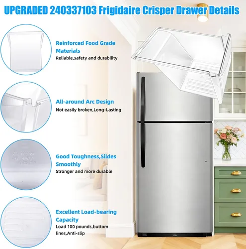 Vista 3 de Paquete de 2 cajas para refrigerador, 240337103 mejoradas, compatibles con cajones Frigidaire de repuesto 240337102 Kenmore para refrigerador, cajón