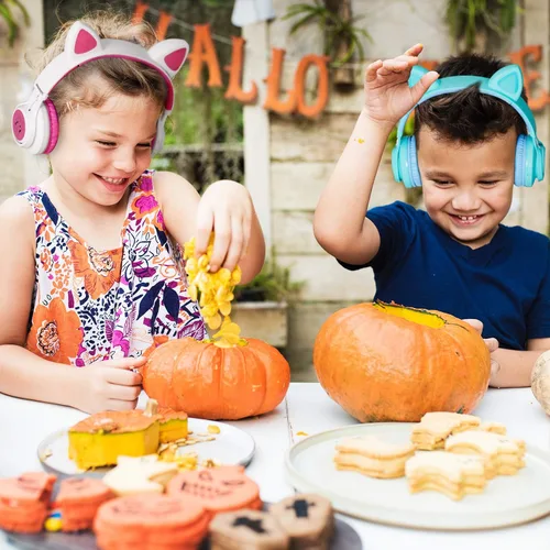 Vista 6 de Riwbox Kids Headphones, CT-7S Cat Ear Bluetooth Headphones with LED Light, 85dB Volume Limiting, Over Ear with Microphone for Laptop/PC/TV