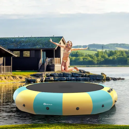 Vista 12 de Goplus - Trampolín inflable de agua de 10 pies, 12 pies, 15 pies, rebotador acuático recreativo con inflador eléctrico, escalera de cuerda, cuerdas