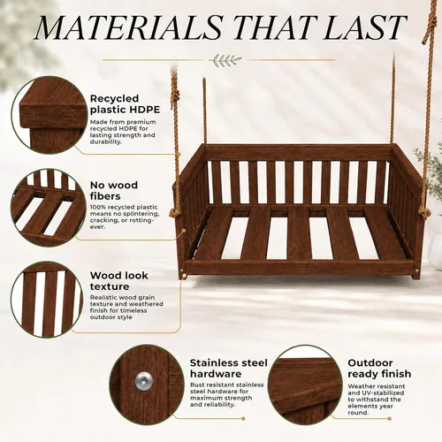 Vista 5 de Amish Made Antique Mahogany Mission Swing, Made in USA Deep Seating Mission Collection HDPE Poly Lumber Porch Swing with Rope, All-Weather Outdoor