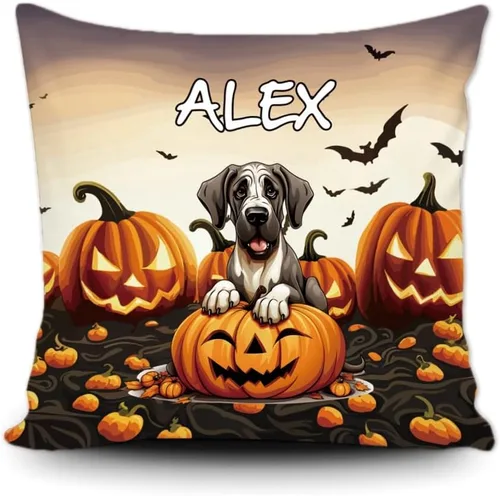 Vista 15 de Funda de almohada personalizada de Halloween, diseño de calabaza, lindo cachorro, funda decorativa de lona para sofá, 16 x 16 pulgadas, estampado