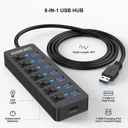 Vista 5 de Hub USB alimentado con cable de 4 pies para PC, 7 puertos de datos USB3.0 y 1 puerto de carga inteligente con adaptador de corriente e interruptores