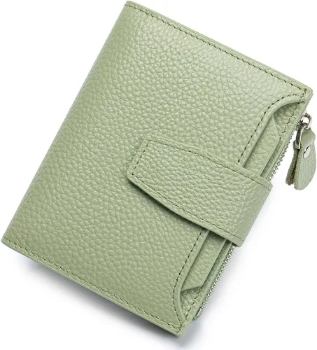 Vista 17 de Cartera de piel plegable con bloqueo RFID para mujer, tarjetero compacto con bolsillo con cremallera para monedas y 4 ventanas de identificación