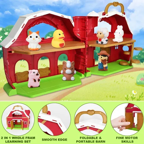 Vista 8 de Big Red Barn Toy Farm Animal Finger Puppets para niños de 1, 2, 3, 4, 5 años, juego de granja de simulación con granero y granjero, juguetes