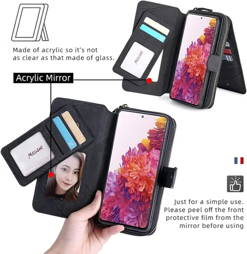 Vista 4 de Asuwish Funda de teléfono para Samsung Galaxy S20 FE 5G 6.5 pulgadas con cremallera con protector de pantalla y tarjetero de espejo abatible Cell S